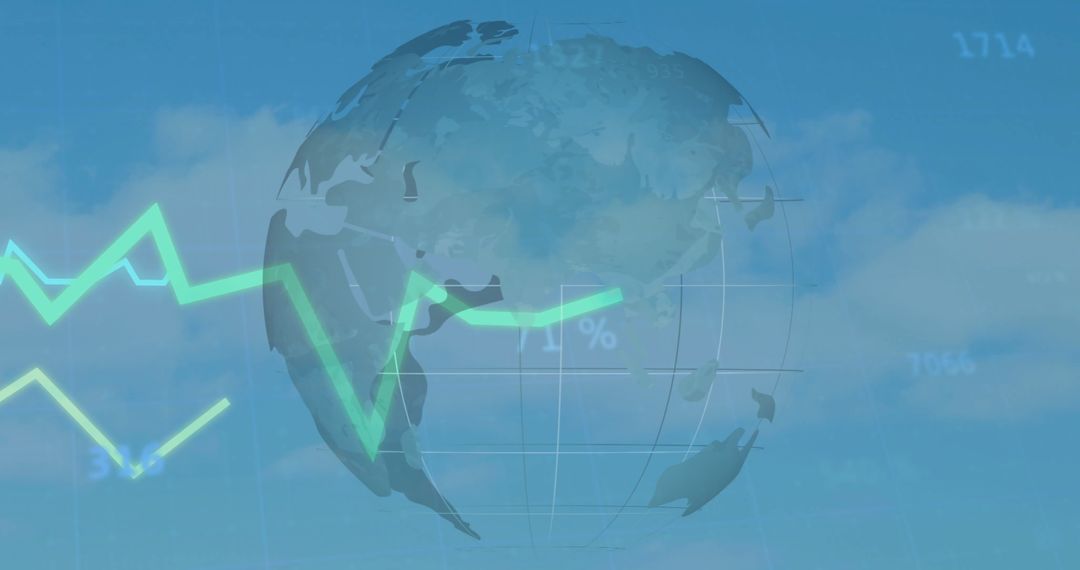 Digital Globe with Financial Data Overlaid on Blue Sky