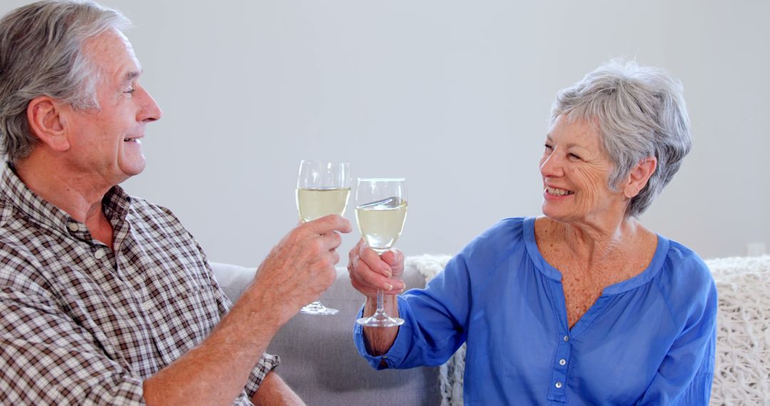 Senior Couple Enjoying Wine Together in Living Room - Free Images, Stock Photos and Pictures on Pikwizard.com