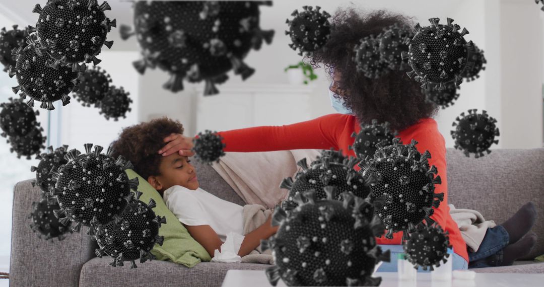 Mother Caring for Sick Child at Home with Virus Overlay