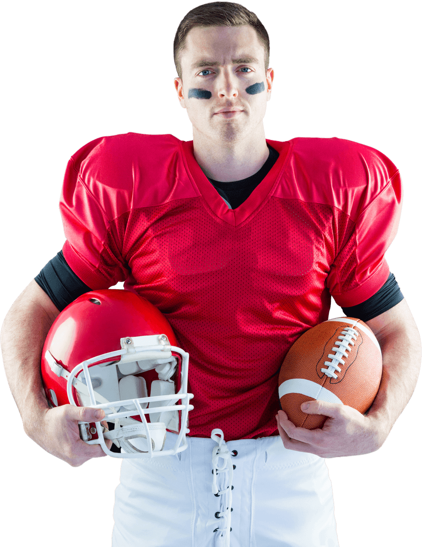 Confident American Football Player Holding Helmet and Ball on Transparent Background