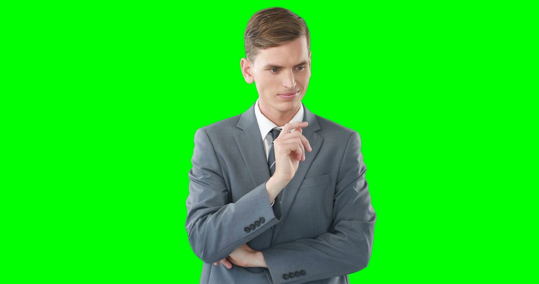 Businessman Thinking with Hand on Chin on Green Screen Background - Free Images, Stock Photos and Pictures on Pikwizard.com