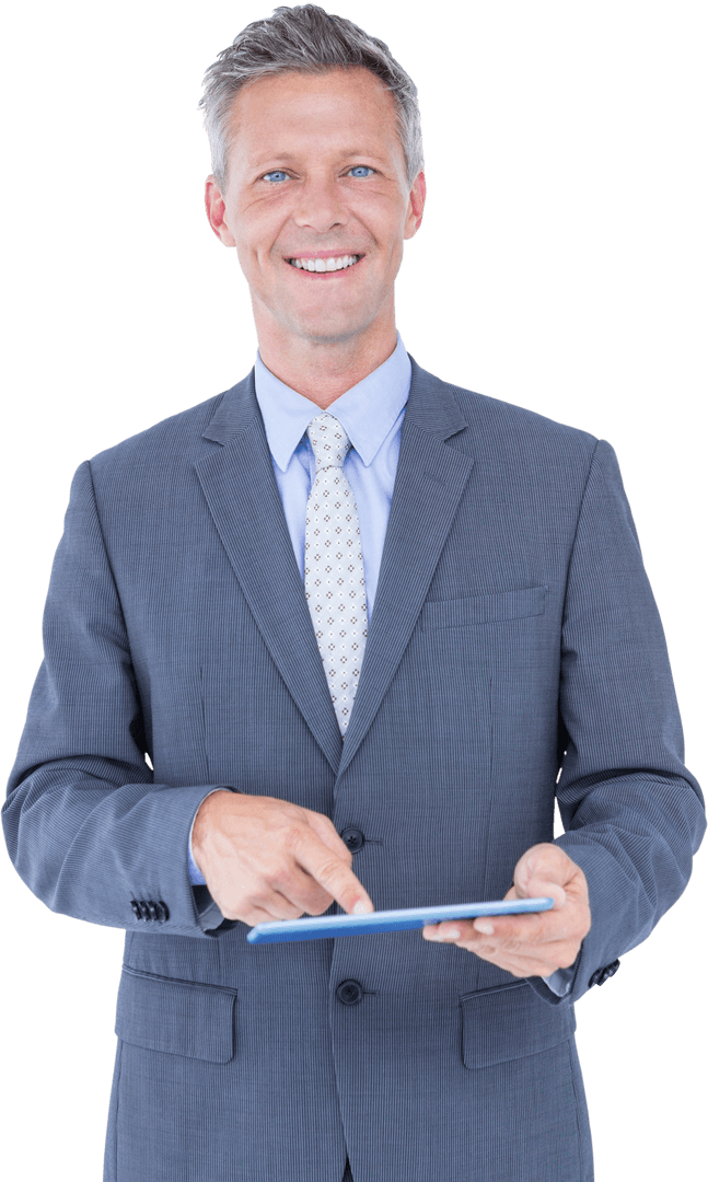 Smiling Senior Businessman with Digital Tablet on Transparent Background
