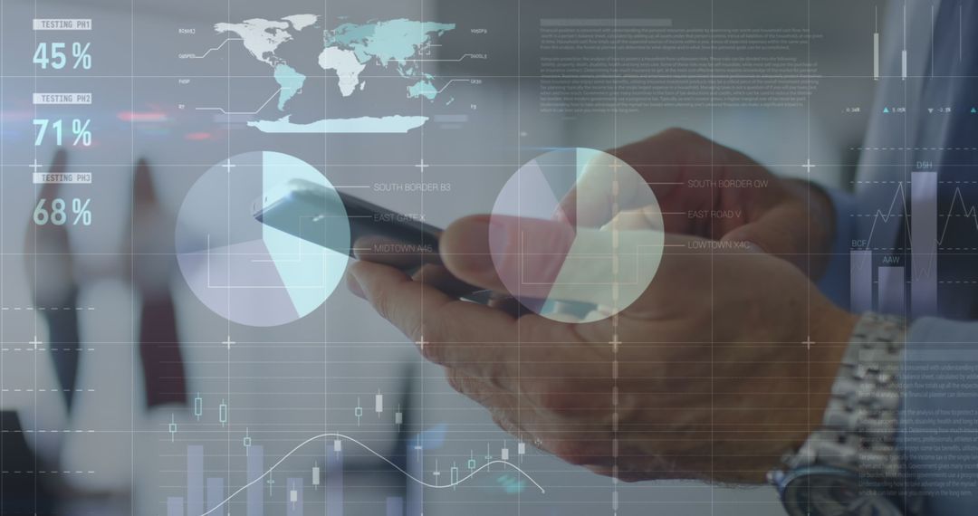 Businessman Using Smartphone with Financial Data Analytics Overlay