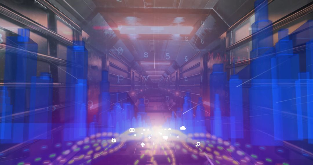 Futuristic Digital Cityscape with Virtual Icons in Tunnel