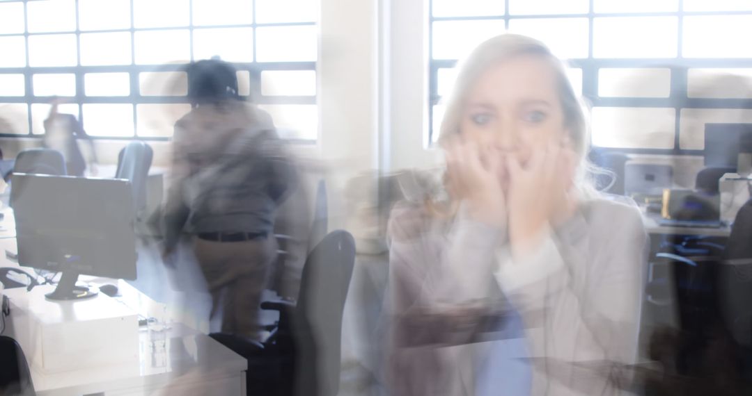 Blurred Business Office with Stressed Businesswoman - Free Images, Stock Photos and Pictures on Pikwizard.com