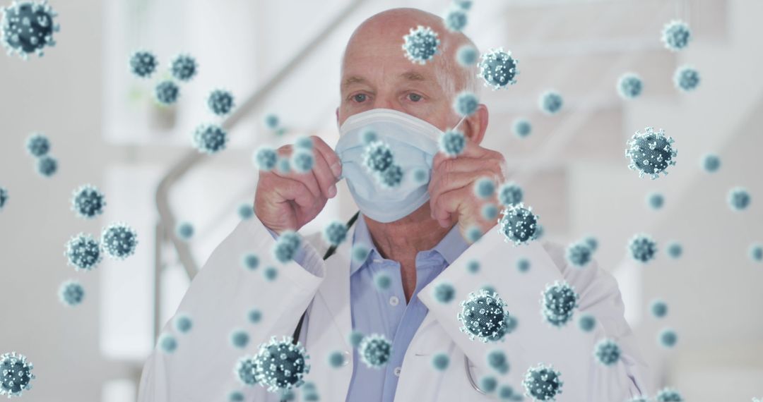 Doctor Wearing Face Mask Amidst Floating Virus Cells