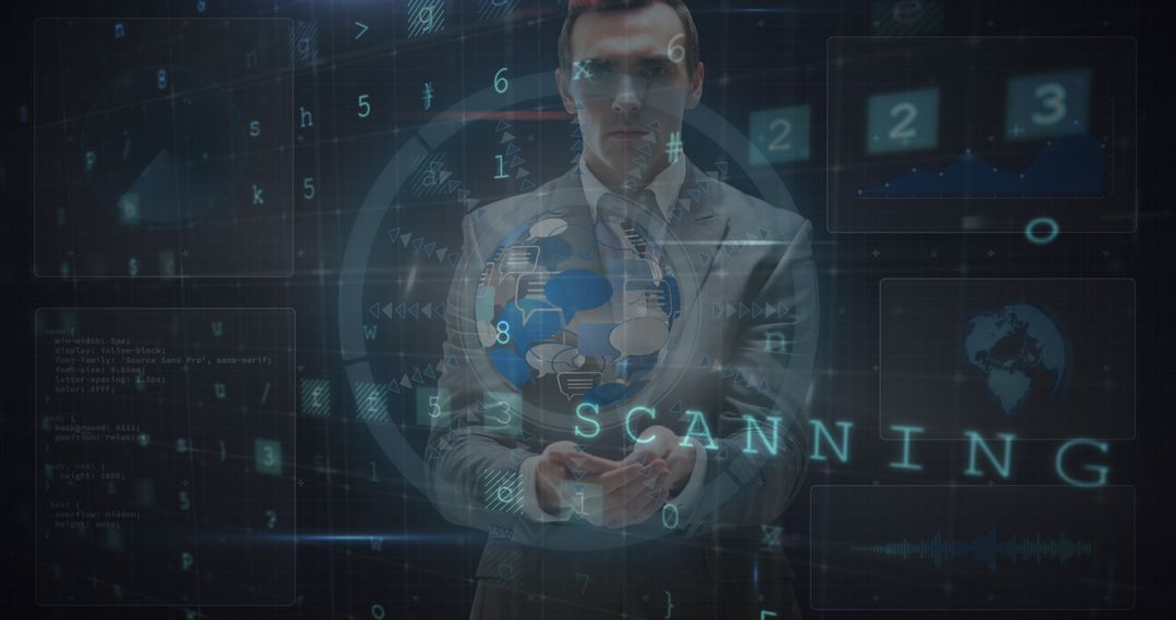 Businessman Analyzing Data with Holographic Scanning Interface - Free Images, Stock Photos and Pictures on Pikwizard.com