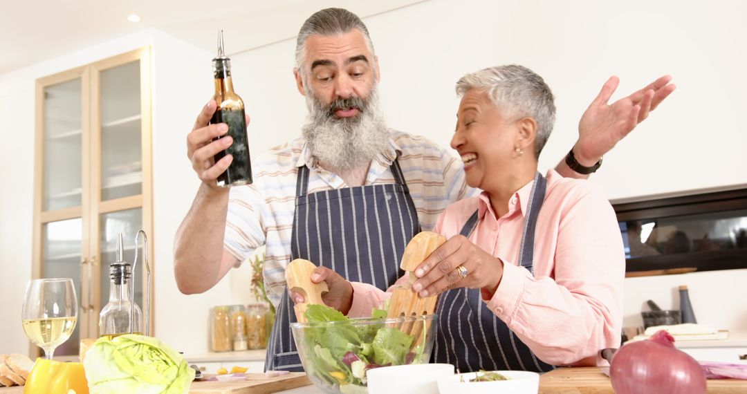 Senior Couple Enjoying Salad Preparation in Rustic Kitchen