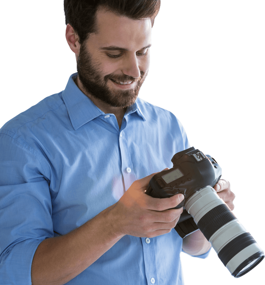 Smiling Photographer Checking Camera on Transparent Background