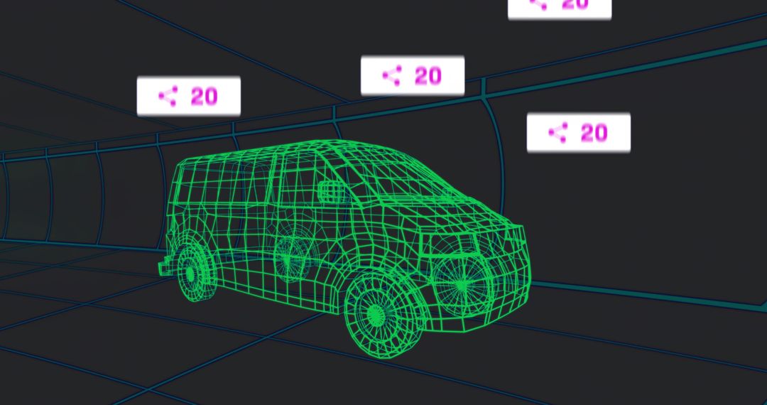 Green Wireframe Van Rotating in Virtual Tunnel with HUD Panels and Teal Grid Perspective