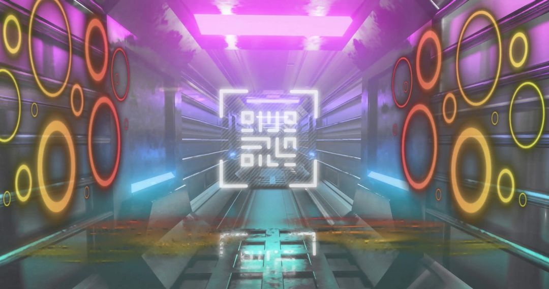 Futuristic QR Code in Neon Circle Tunnel with Digital Interface