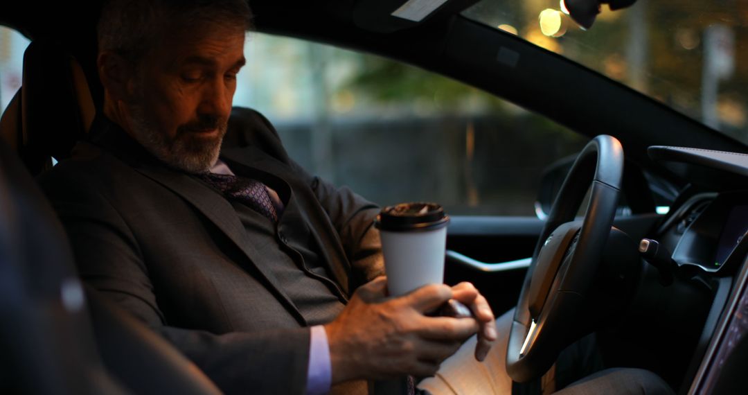 Businessman Drinking Coffee in Car, Preparing for Work Commute - Free Images, Stock Photos and Pictures on Pikwizard.com