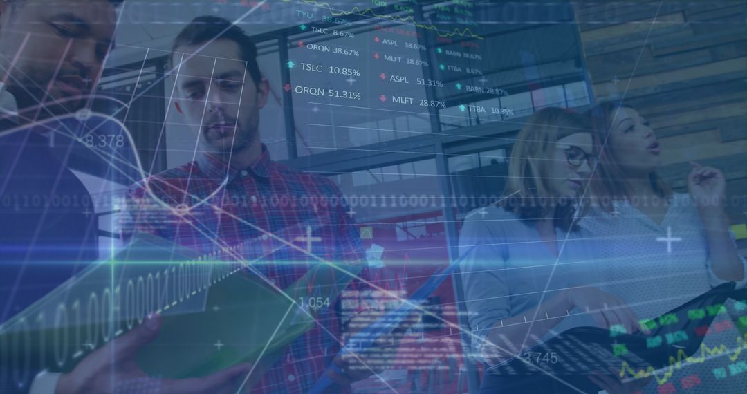 Financial Professionals Analyzing Digital Data with Global Finance Overlay