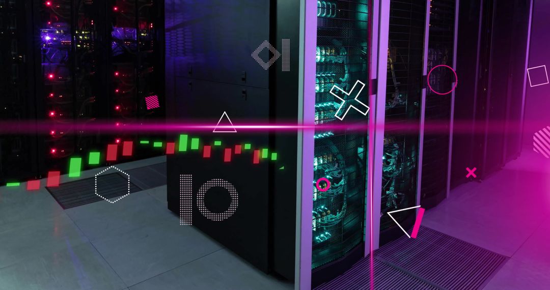 Futuristic Server Room with Digital Interface and Data Graphics