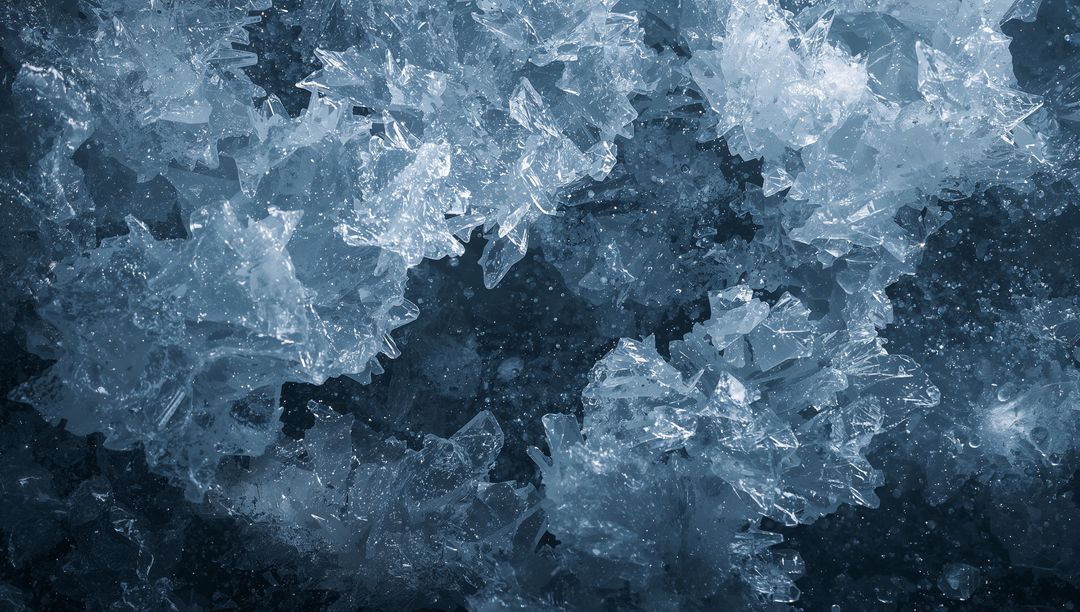 Macro Blue Ice Crystals Sparkling on Frozen Surface Abstract Frost Texture Prismatic Detail