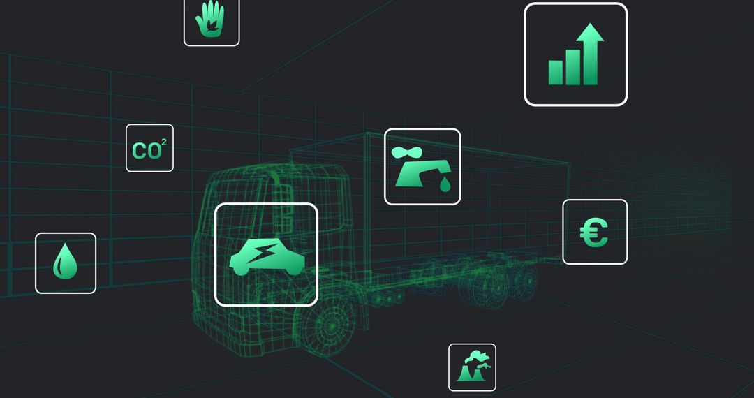 Floating Eco Icons Over Truck Blueprint Highlighting Green Energy and Technology - Free Images, Stock Photos and Pictures on Pikwizard.com