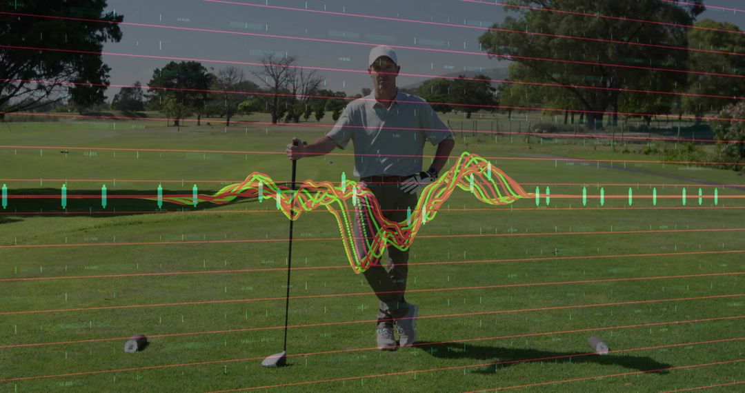 Golfer Analyzing Swing with Data Overlay at Tee Box