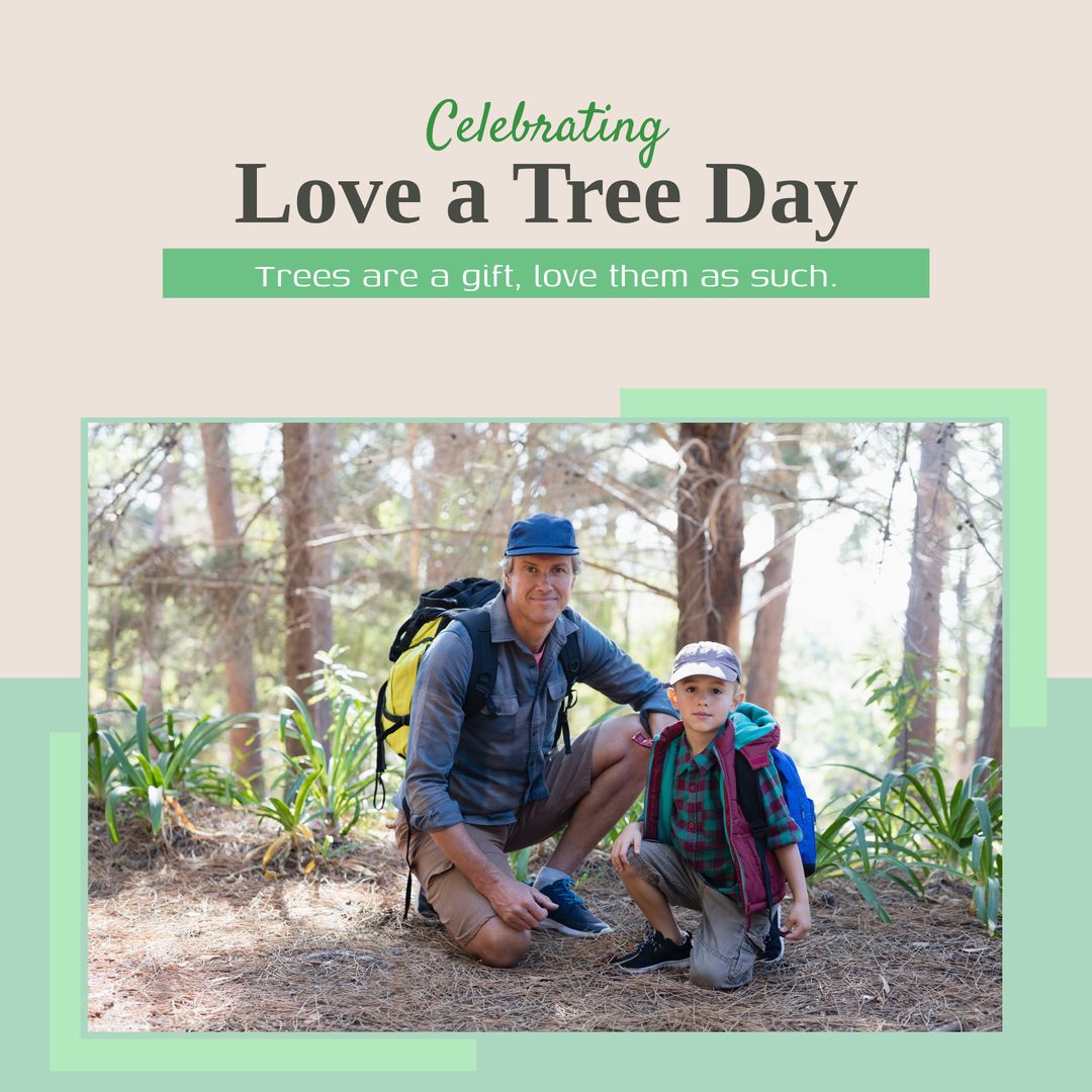 Father and Son Celebrate Love a Tree Day in Forest