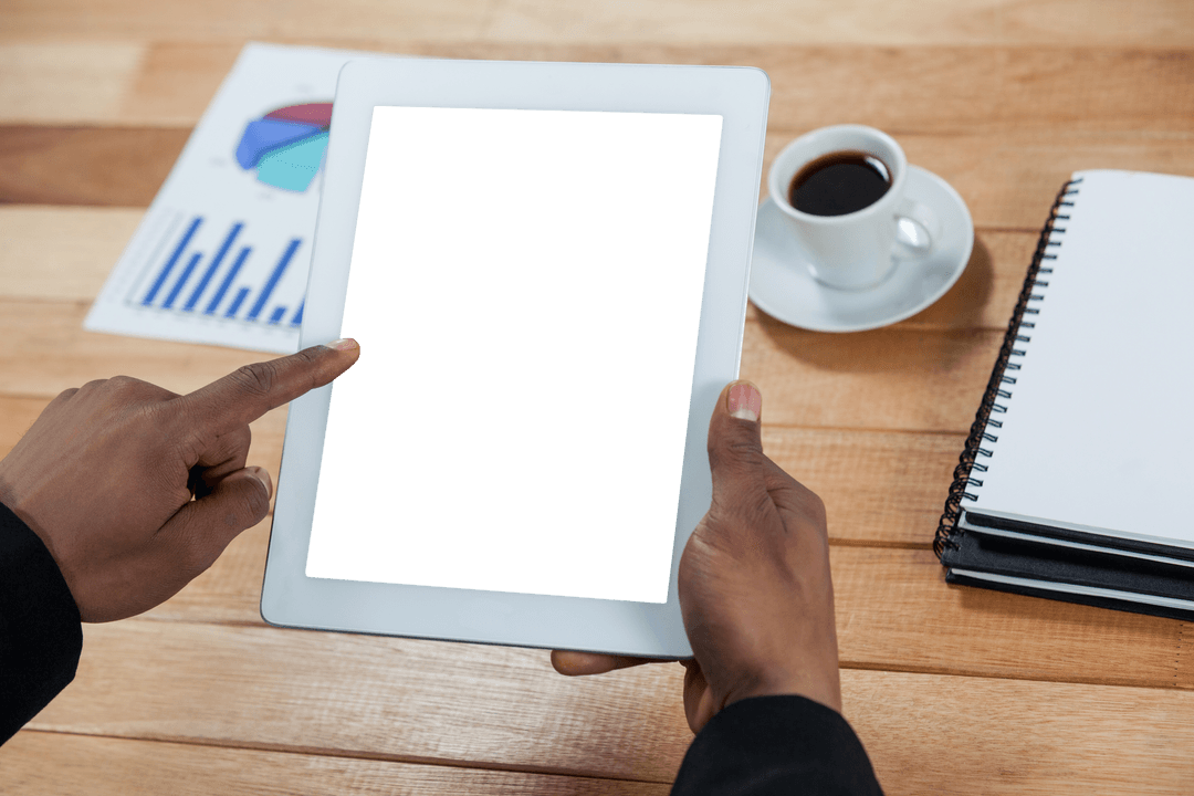Businessperson Using Tablet at Desk with Coffee Cup Transparent Background