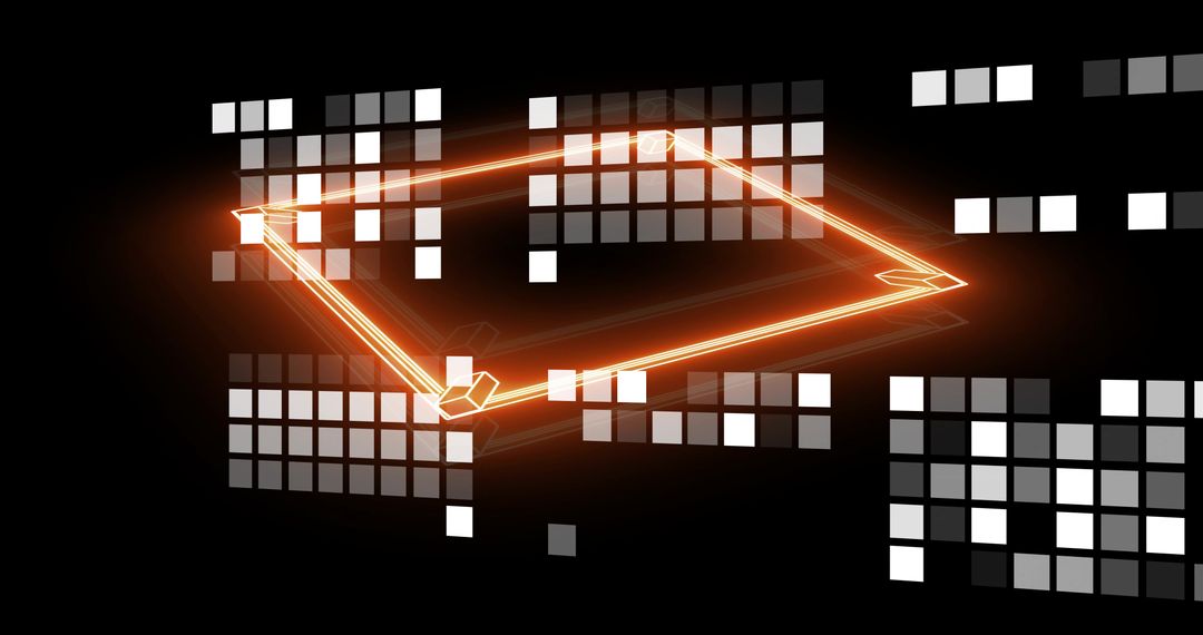 Glowing orange neon rhombus floating over dark digital grid interface with node highlights