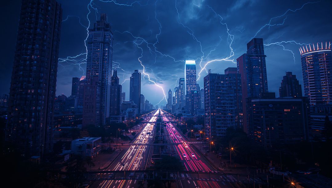 City Highway Under Lightning Storm with Light Trails