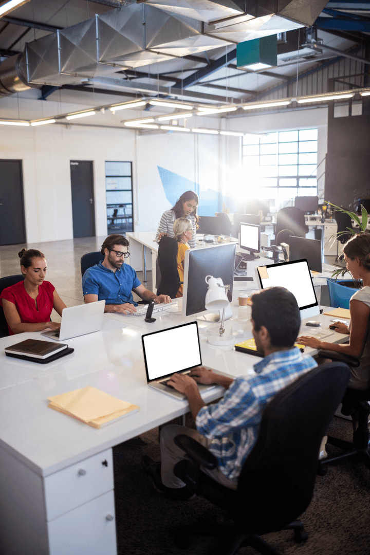 Transparent Office Workspace with Diverse Teams Collaborating