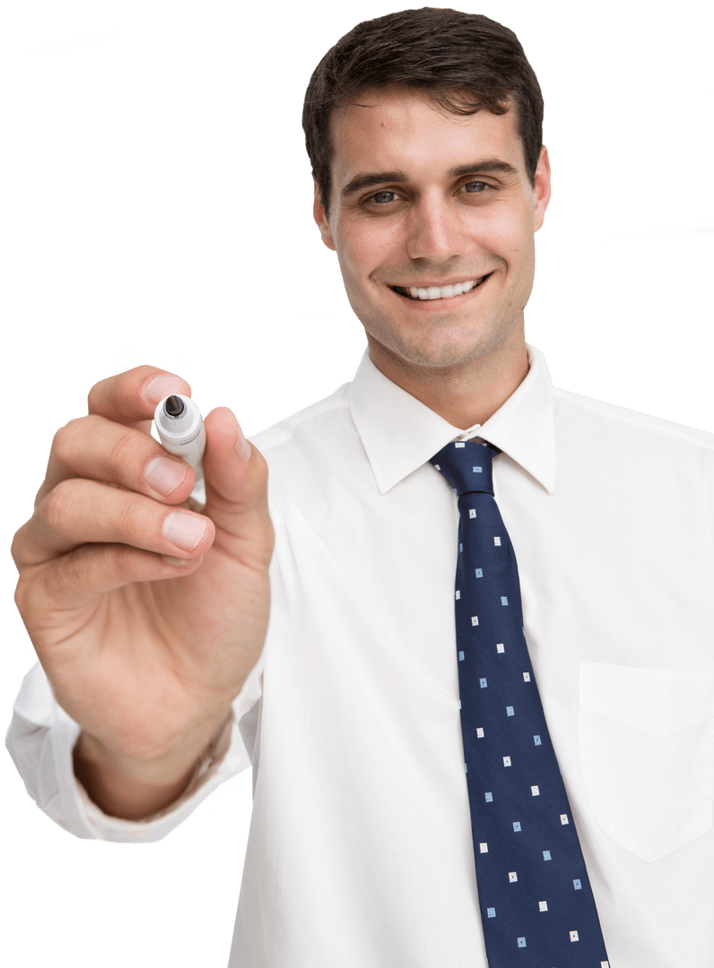 Smiling Businessman Writing on Transparent Board
