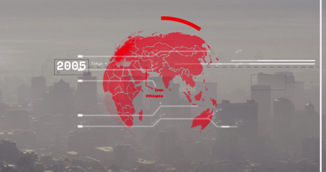 Futuristic Digital Interface with Spinning Globe and Cityscape