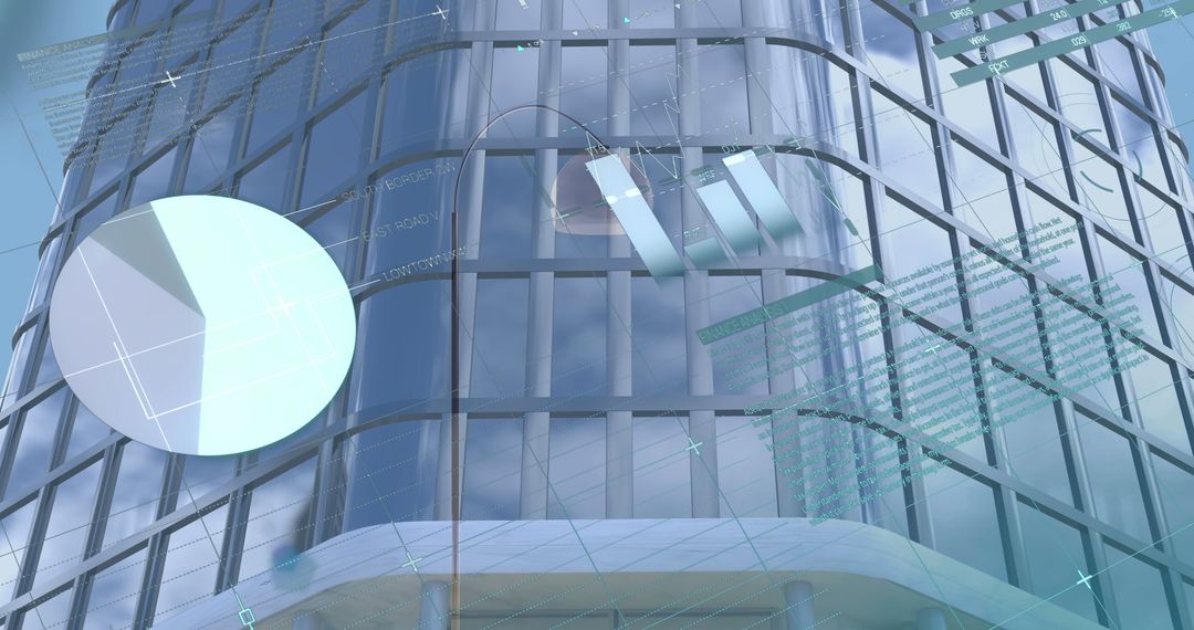 Modern Office Building with Financial Data Visualization Overlay