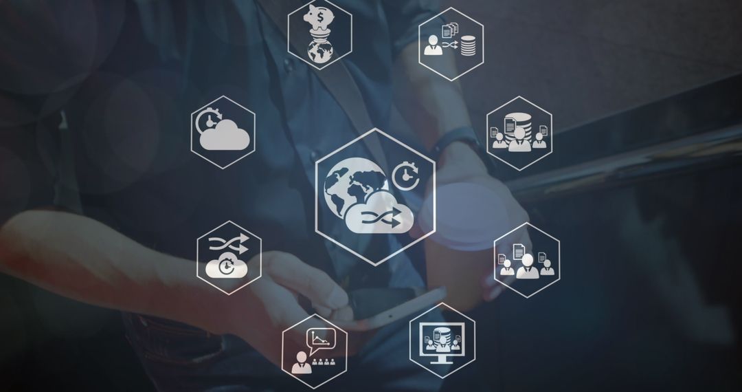 Conceptual Financial Technology Icons with Connected Smartphone User