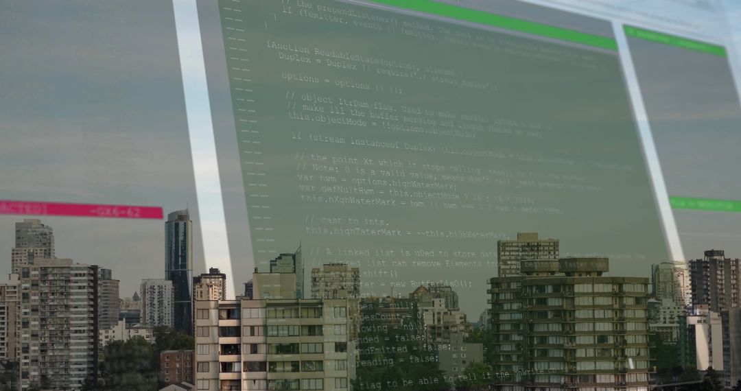 Data Processing Code Overlaying Cityscape