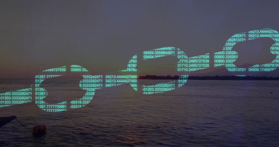 Glowing Digital Chain Over Water at Dusk