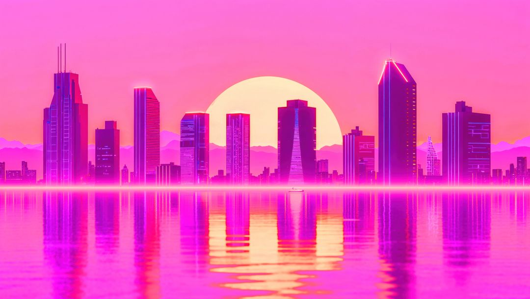 Futuristic Neon Skyline Reflecting in Tranquil Water at Dusk
