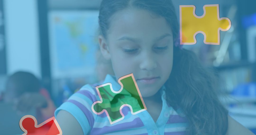 Multiracial schoolgirl with puzzle pieces for autism awareness