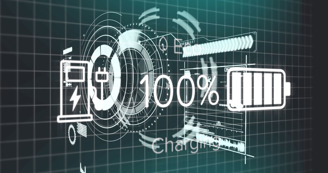 Futuristic Charging Interface Displaying 100% Completion