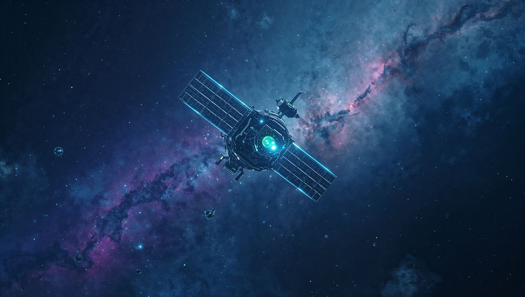 Futuristic Satellite Navigating Through Asteroid-Rich Outer Space