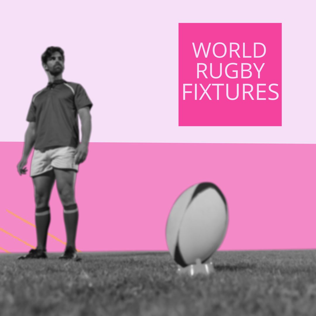 Rugby Player with World Rugby Fixtures Banner on Pink Background