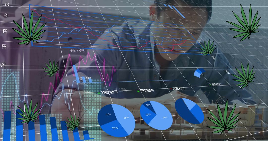 Asian Architect Overlaid with Business Data and Leaves
