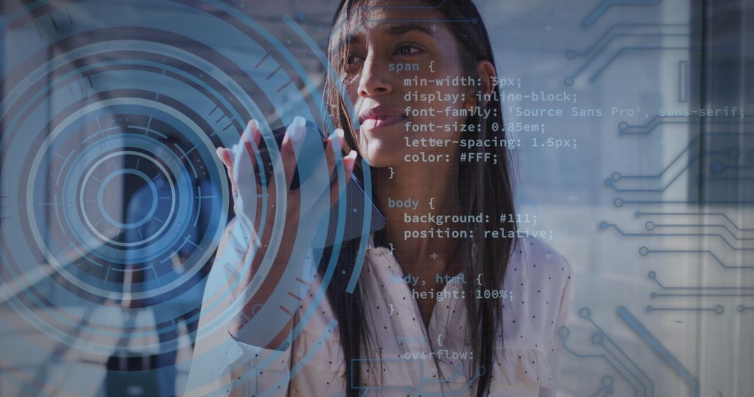 Businesswoman Analyzing Data with Smartphone in Futuristic Setting