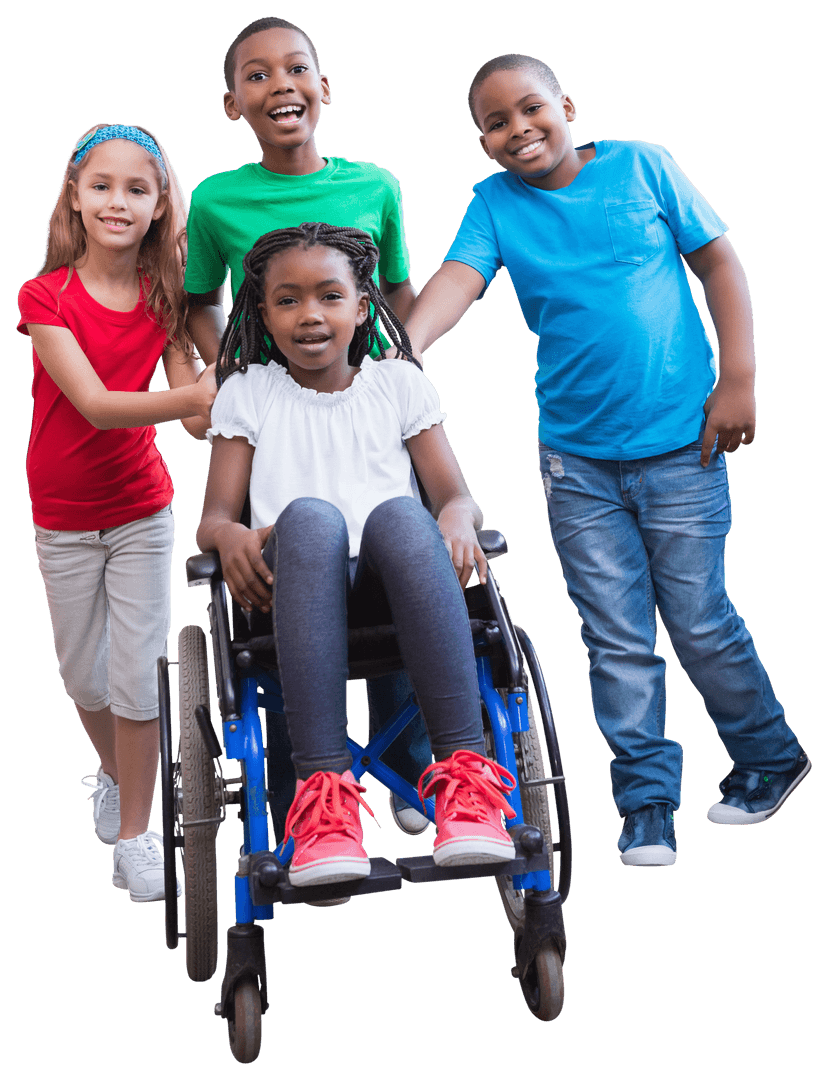 Diverse Children Smiling with Girl in Wheelchair Transparent Background
