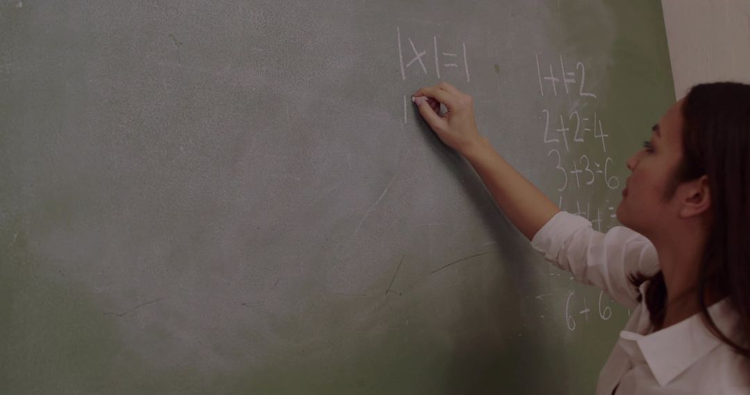 Educator Solving Absolute Value Equations on Chalkboard