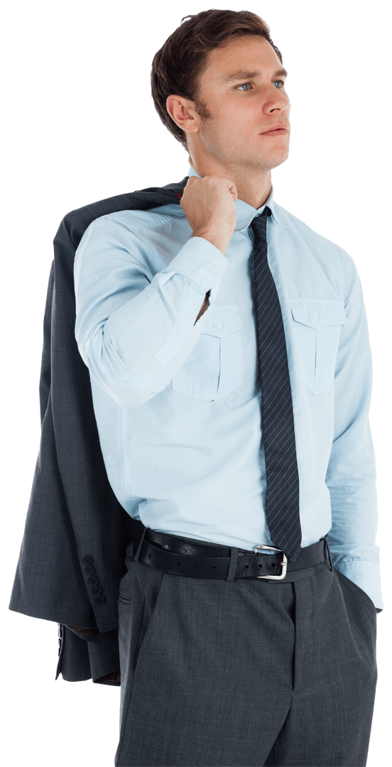 Businessman Holding Jacket with Confident Expression on Transparent Background