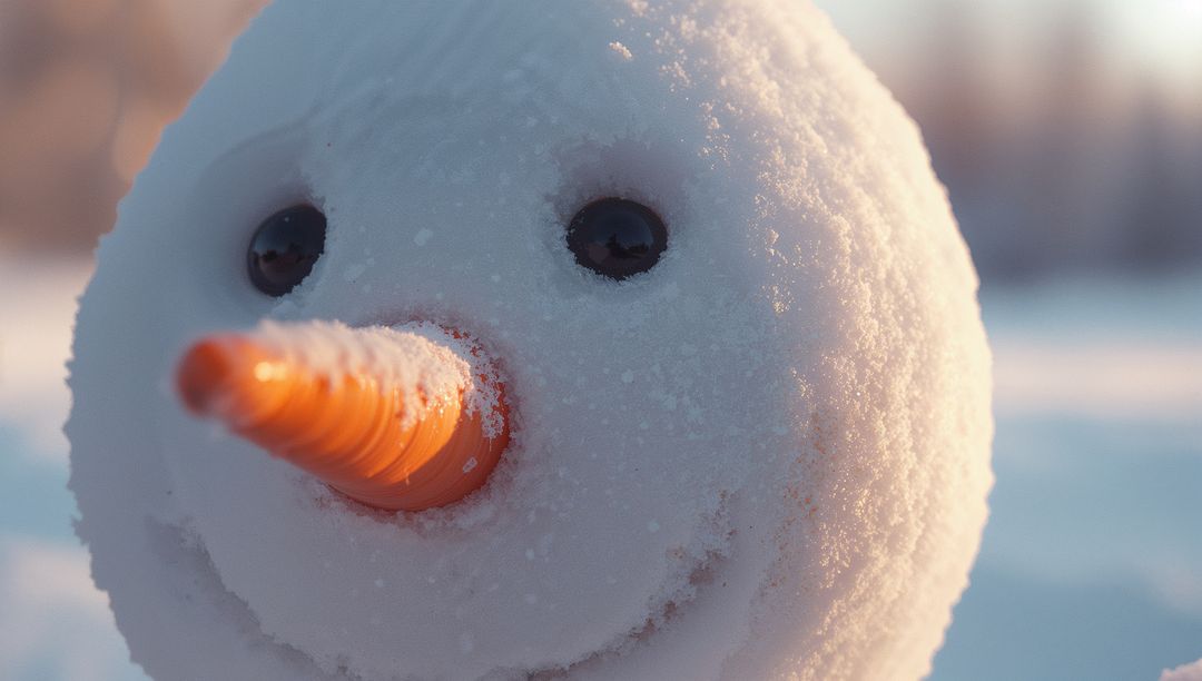 Close-up of Snowman Head with Carrot Nose in Morning Light