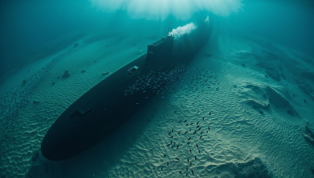 Resting submarine on rippled seabed emitting bubbles with schooling fish under teal light