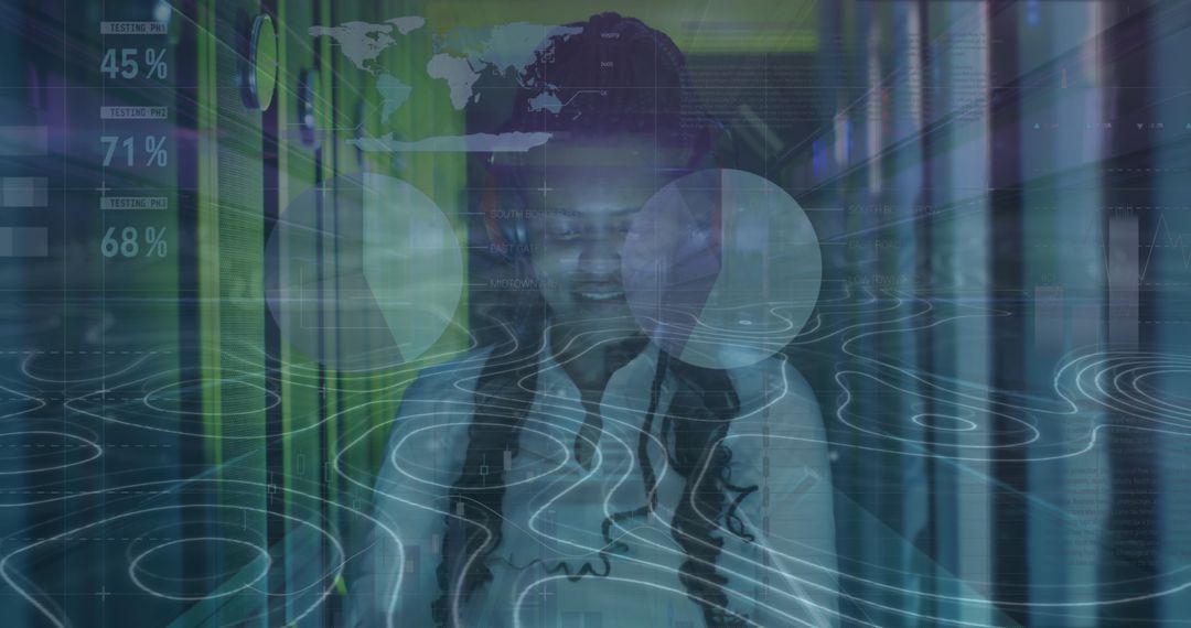 IT Technician with Virtual Graphics Monitors Data in Server Room