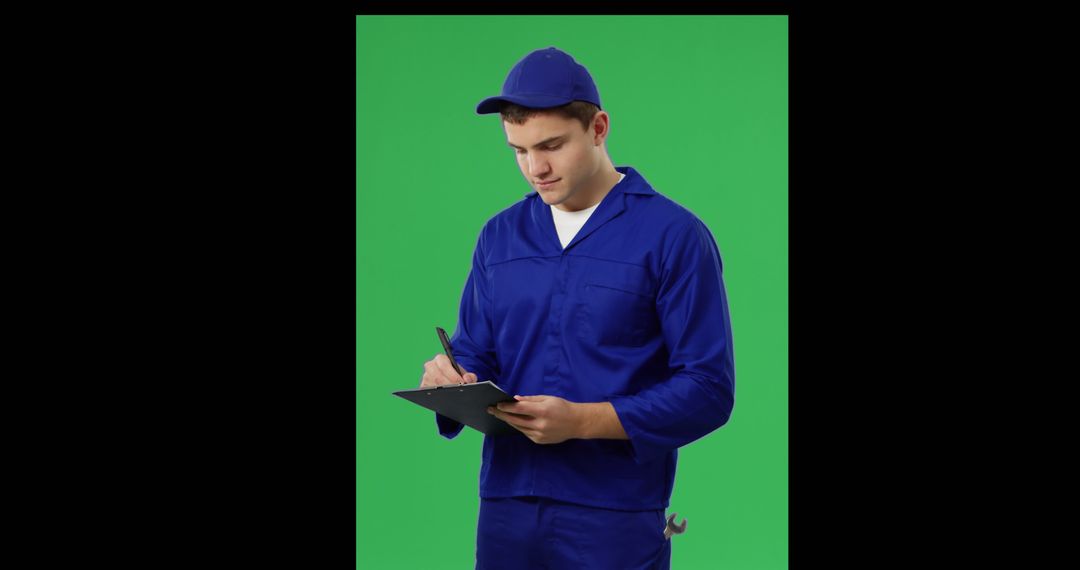 Young Technician in Blue Uniform Writing on Clipboard with Green Background - Free Images, Stock Photos and Pictures on Pikwizard.com