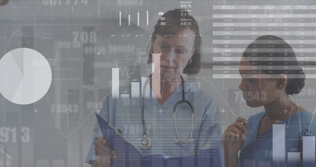 Diverse Doctors Analyzing Data with Digital Interface Overlay