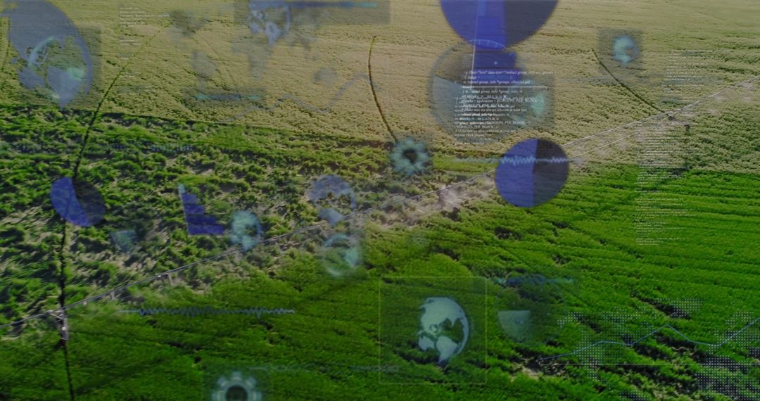 Smart Farming Aerial View with Digital Data Overlay in Green Field