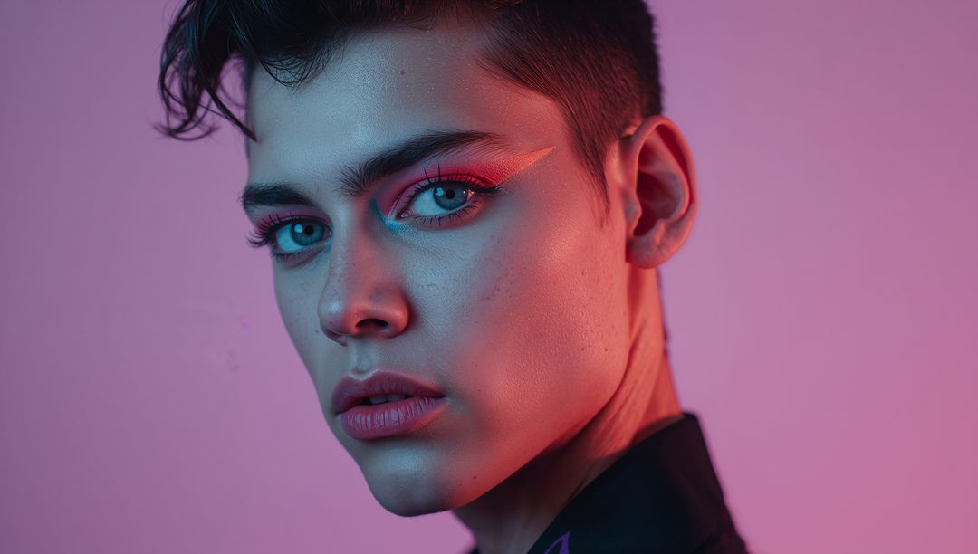 Model Wearing Neon Eyeliner with Bold Cyan-Magenta Lighting