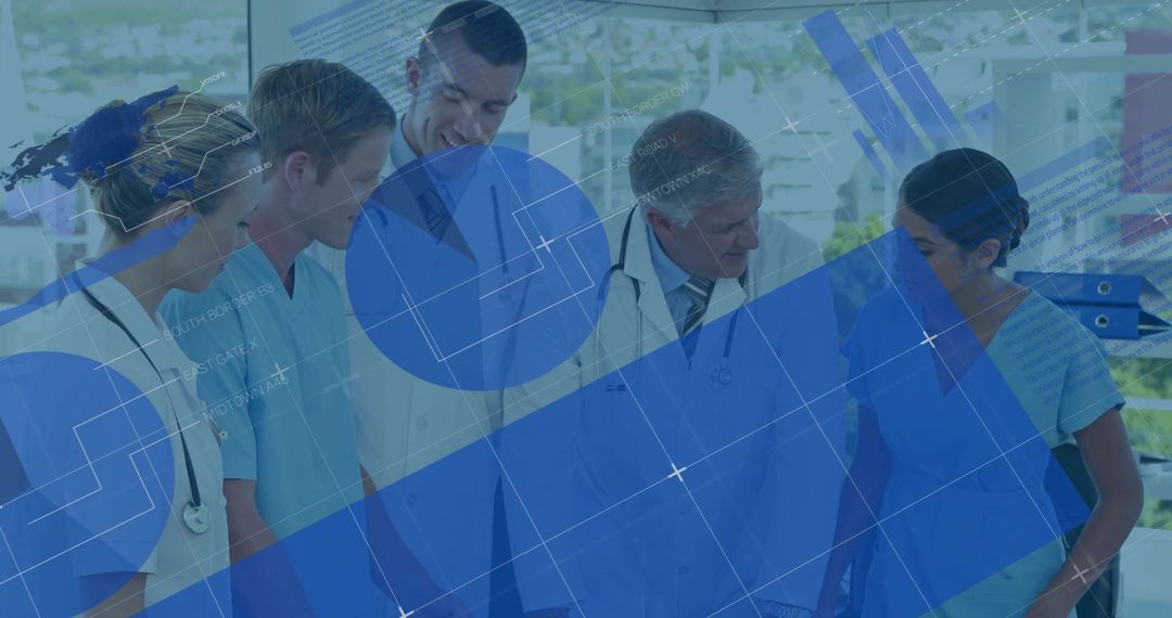 Healthcare Team Reviewing Patient Information with Digital Technology Overlay